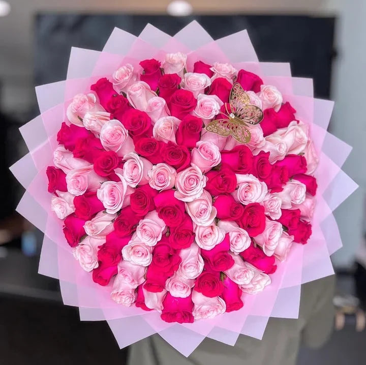 100 Pink and Hot Pink Roses on Pink Transparent Wrapping