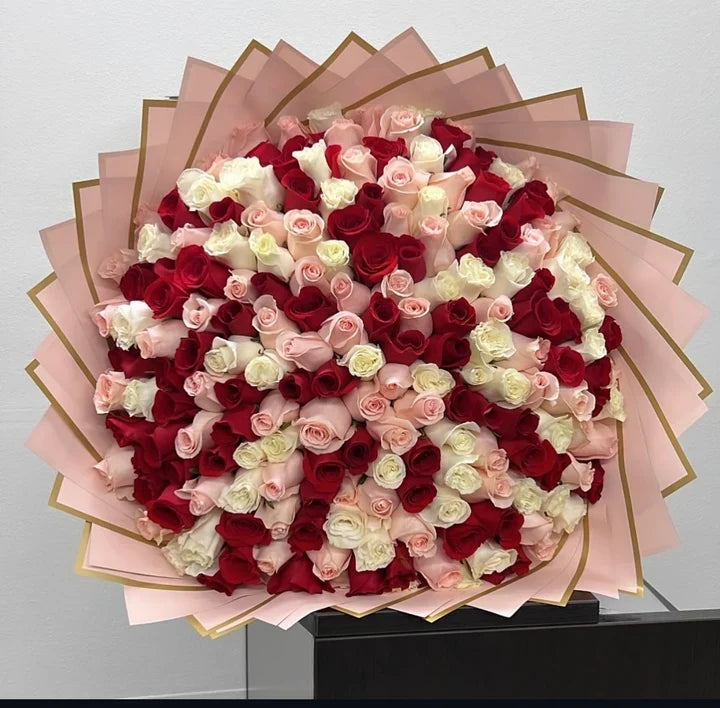 100 White/Pink/Red Roses on Pink Transparent Wrapping