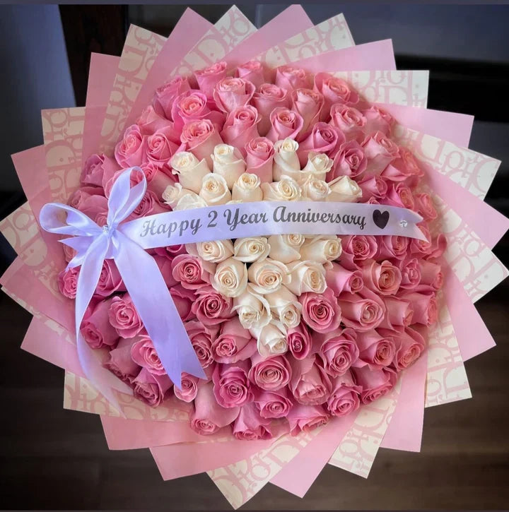 100 Pink Roses White Heart On Pink Dir Wrapping