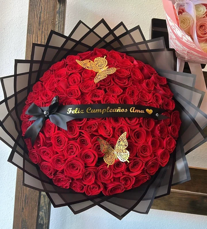 100 Red Roses on Black Transparent Wrapping