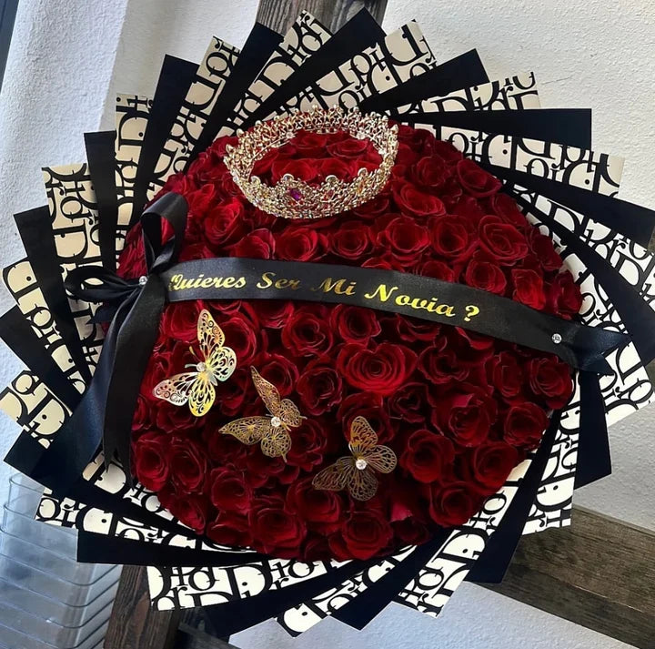 100 Red Roses on Black Dir Wrapping