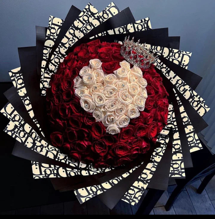 100 Red Roses White Heart on Black Dir