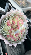 100 Pink And White Roses Baby Breath on Pink Transparent Wrappin