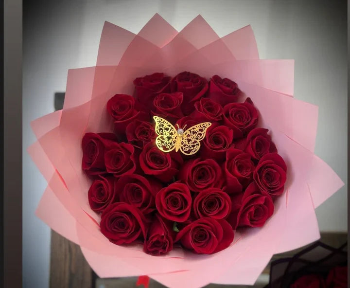 25 Red Roses Trans Pink Wrapping