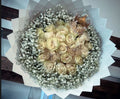 25 White Roses Baby Breath White Transparent Wrapping