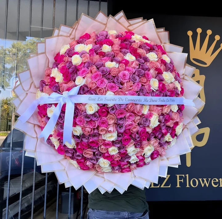 300 Hot Pink/Purple/Pink/White Roses on Pink Wrapping