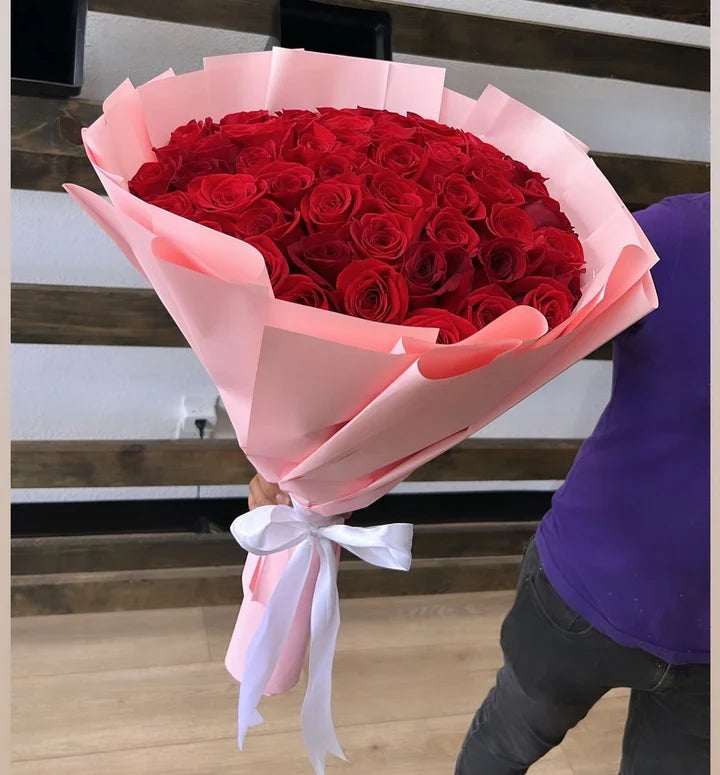 50 Red Roses Pink Transparent Wrapping