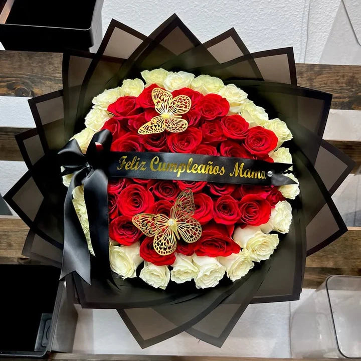 50 Red Roses White Ring Black Transparent Wrapping