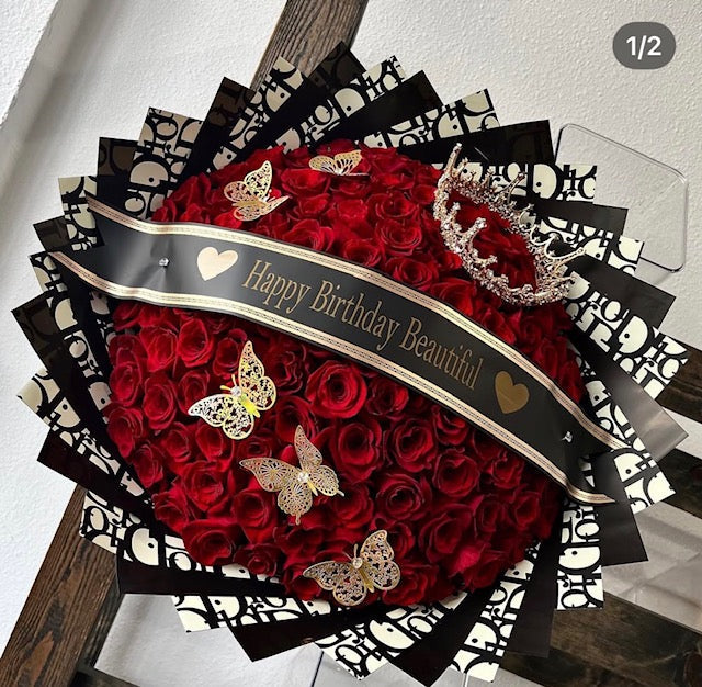 150 Red Roses on Black Dir Wrapping